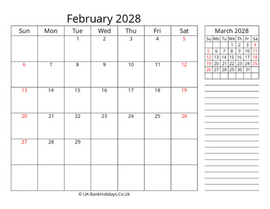 february 2028 uk calendar template