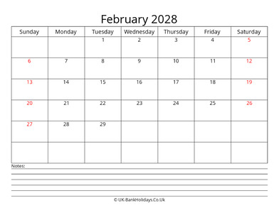 february 2028 uk calendar with notes