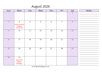 free printable august 2026 uk calendar