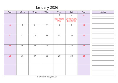 Free Printable January 2026 Calendar
