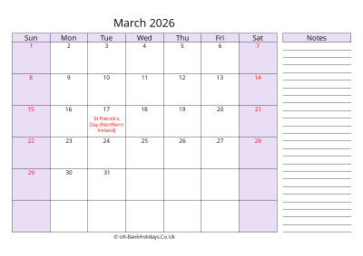 free printable march 2026 uk calendar