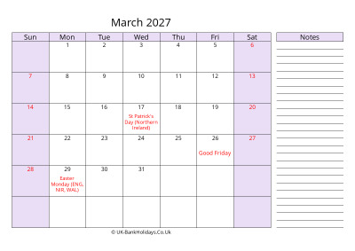 free printable march 2027 uk calendar