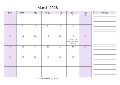 free printable march 2028 uk calendar