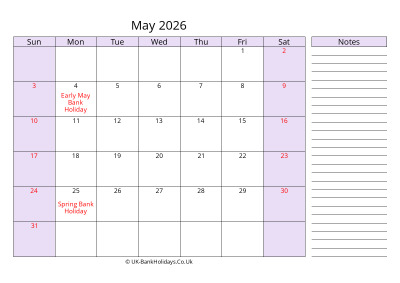 free printable may 2026 uk calendar