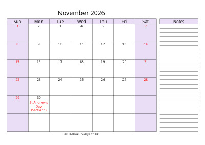 free printable november 2026 uk calendar