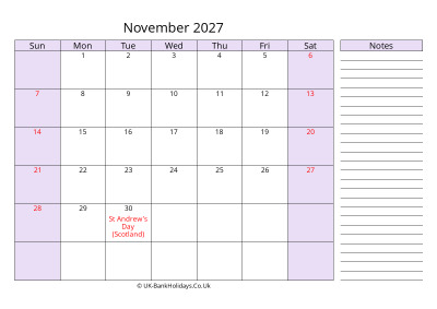 free printable november 2027 uk calendar