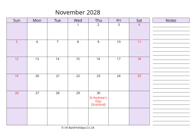free printable november 2028 uk calendar