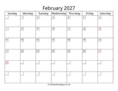 free printable uk calendar february 2027