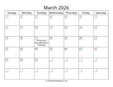 free printable uk calendar march 2026