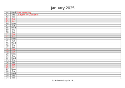 january 2025 monthly uk calendar free