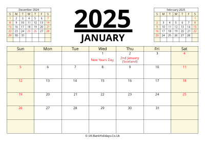 january 2025 printable uk calendar