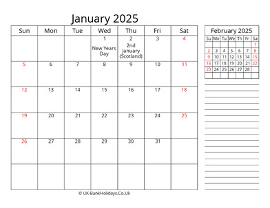 january 2025 uk calendar template