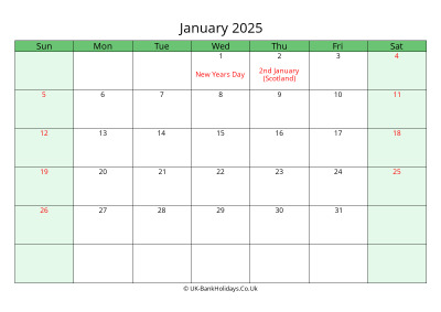january 2025 uk calendar to print