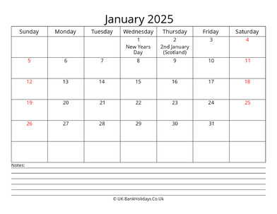 january 2025 uk calendar with notes