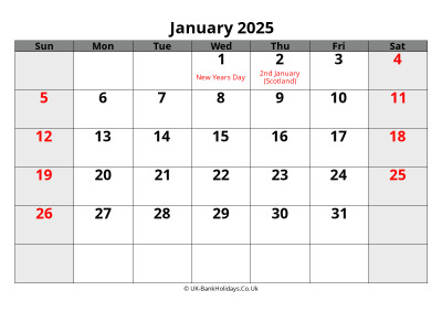 january 2025 word uk calendar