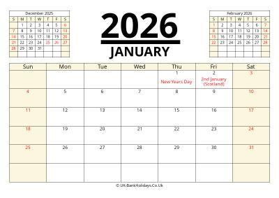 January 2026 Printable UK Calendar