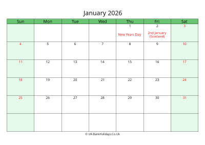 January 2026 Calendar to Print