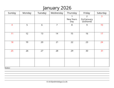 January 2026 Calendar with Notes
