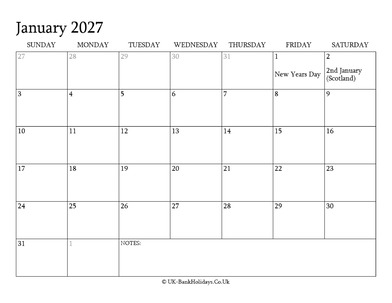january 2027 editable uk calendar with holidays