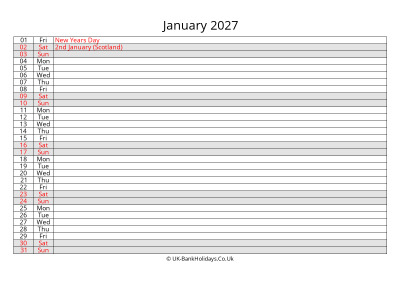 january 2027 monthly uk calendar free