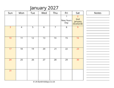 january 2027 uk calendar that work