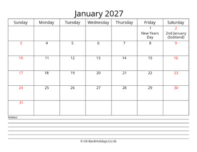 january 2027 uk calendar with notes