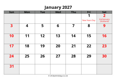 january 2027 word uk calendar