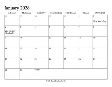 january 2028 editable uk calendar with holidays