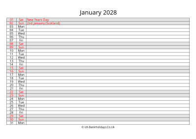 january 2028 monthly uk calendar free