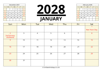 january 2028 printable uk calendar