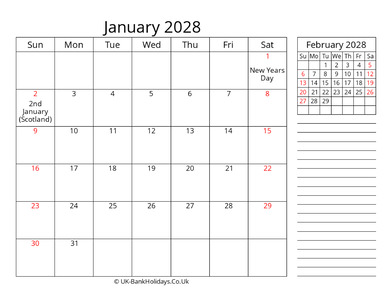 january 2028 uk calendar template
