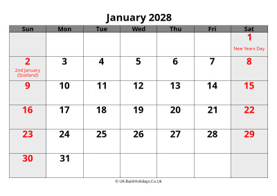 january 2028 word uk calendar