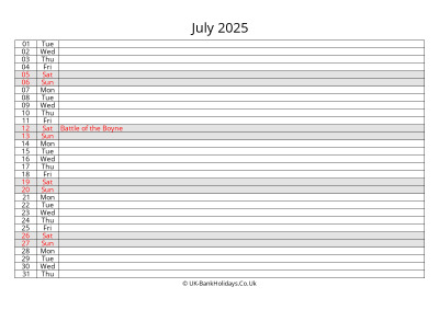 july 2025 monthly uk calendar free