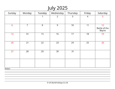 july 2025 uk calendar with notes