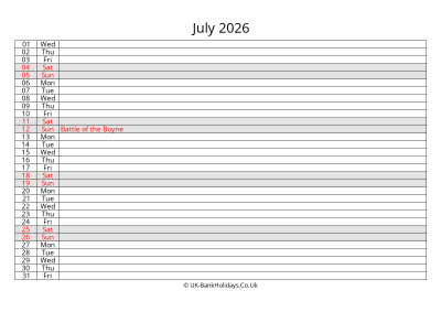 july 2026 monthly uk calendar free