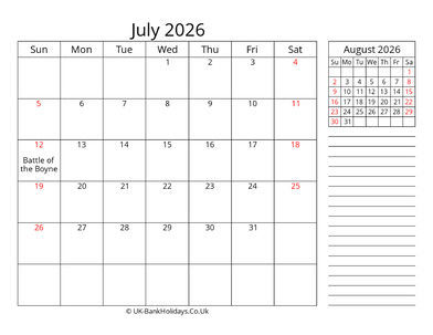 july 2026 uk calendar template