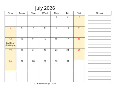 july 2026 uk calendar that work