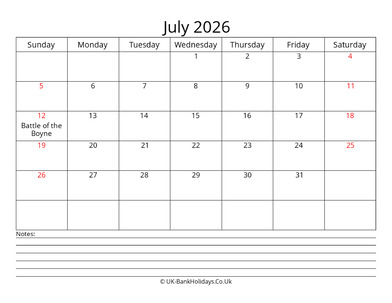 july 2026 uk calendar with notes