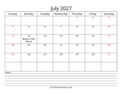 july 2027 uk calendar with notes