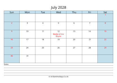 2028 July Calendar with Notes