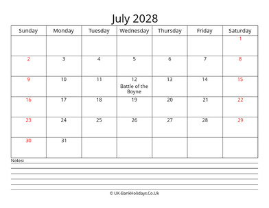 july 2028 uk calendar with notes