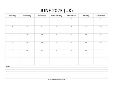 june 2023 uk calendar with notes