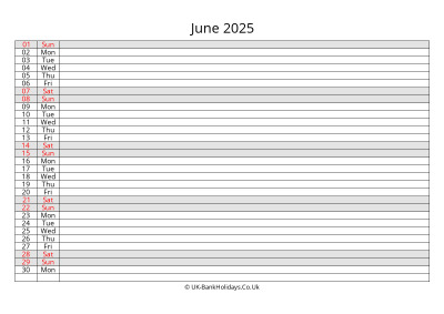 june 2025 monthly uk calendar free