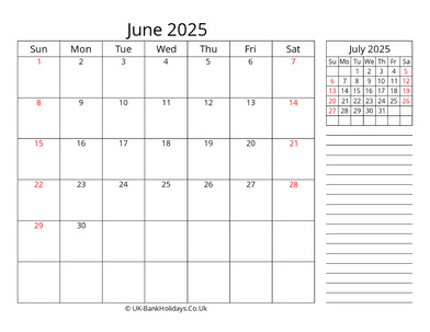 june 2025 uk calendar template