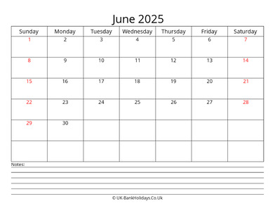 june 2025 uk calendar with notes