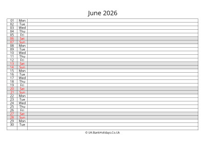 june 2026 monthly uk calendar free
