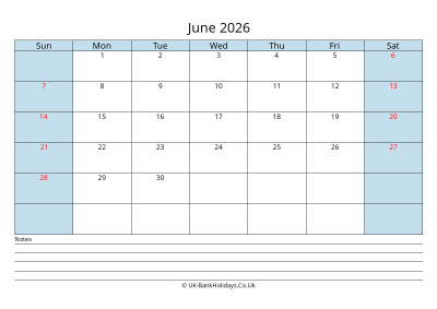 2026 June Calendar with Notes