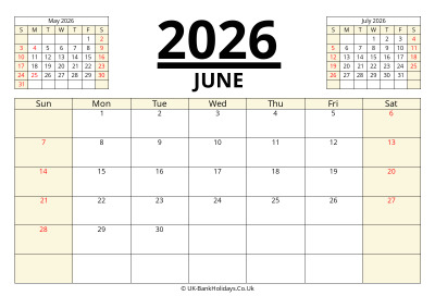 june 2026 printable uk calendar