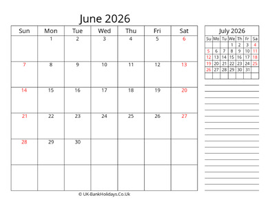 june 2026 uk calendar template