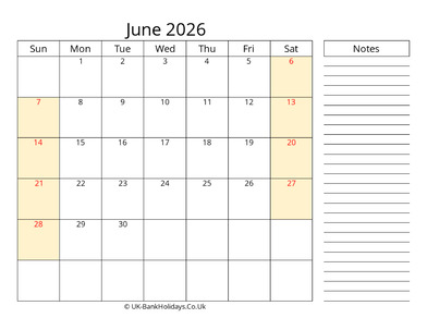 june 2026 uk calendar that work